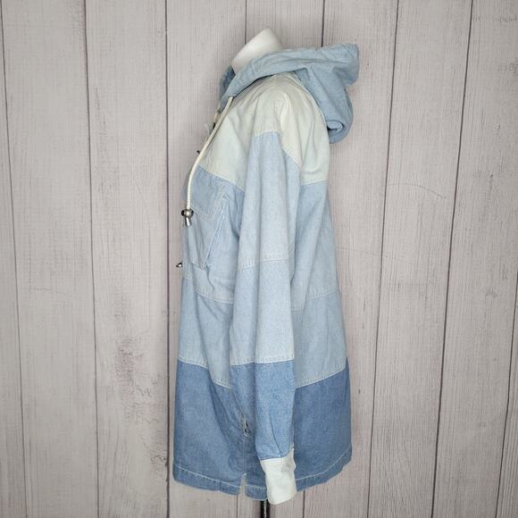 Striped Color block Zip And Shackle Hooded Oversized Denim Jacket Unisex Small - Picture 10 of 16